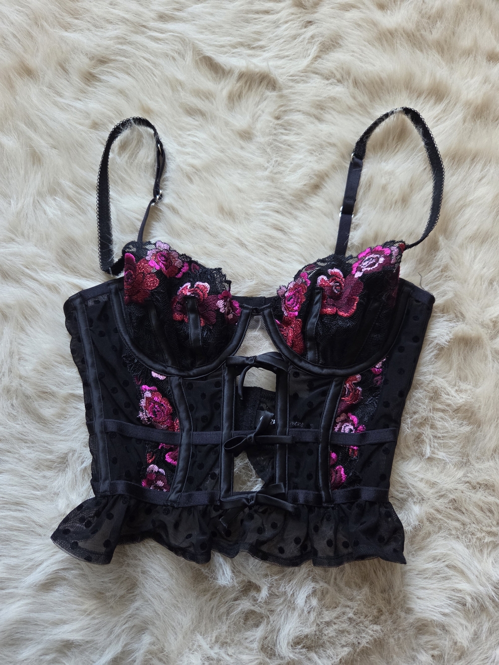 For Love & Lemons Black Bustier with Pink Floral Embroidery